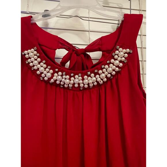 En Focus Studio Shift Mini Dress Beaded Neckline Stretch Bright Red Women's Sz 4 - Picture 2 of 9